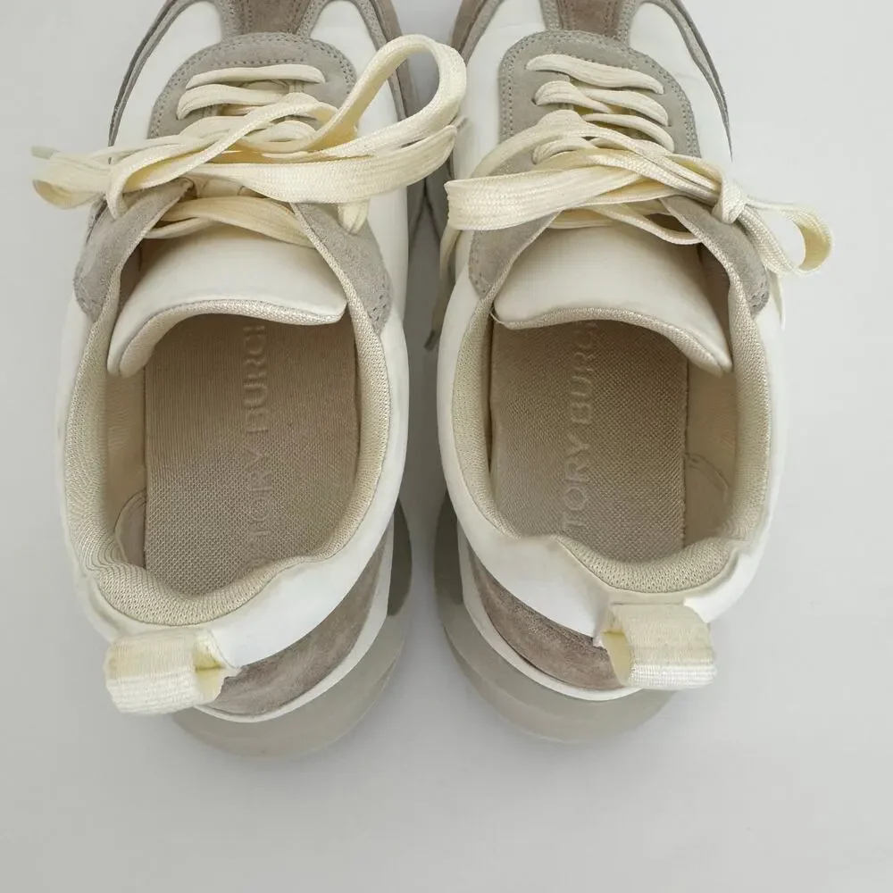 Tory Burch Good Luck Trainer Sneakers Suede Trim White/Tan Women's 9.5M